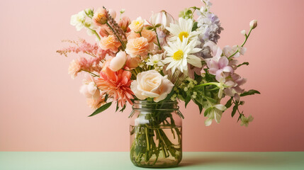Floral Bouquet of Botanical Flowers Inside a Mason Jar - Beautiful Blooms, Petals, and Leaves - Against Coral Peach Pastel Background with Copy Space - Generative AI