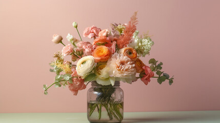Fototapeta premium Floral Bouquet of Botanical Flowers Inside a Mason Jar - Beautiful Blooms, Petals, and Leaves - Against Coral Peach Pastel Background with Copy Space - Generative AI