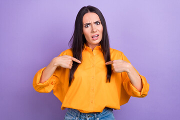Photo of unhappy upset girl with straight hairdo dressed yellow shirt displeased directing at...