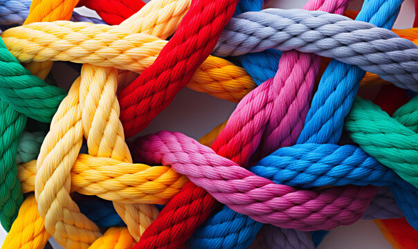 A tangled pile of coloured rope. Confusion and thought process concept