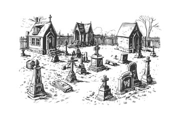 Old vintage cemetery sketch hand drawn line icon. Vector illustration design.