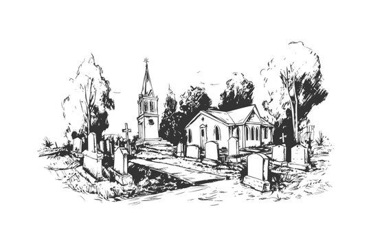 Old vintage cemetery sketch hand drawn line icon. Vector illustration design.