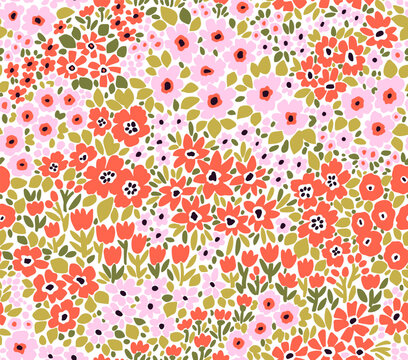Retro floral pattern in small flowers. Small pink and red flowers. White background. Ditsy print. Floral seamless background. Elegant template for fashion prints. Stock pattern.