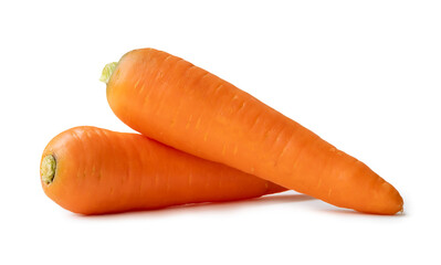 Two fresh orange carrots in stack isolated on white background with clipping path and shadow in png file format, Close up of healthy vegetable root