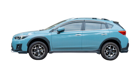 Obraz premium Light blue hatchback car isolated on white background with clipping path