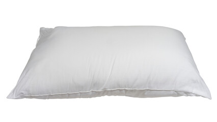 White pillow after guest's use at hotel or resort room isolated on white background with clipping path. Concept of confortable and happy sleep in daily life