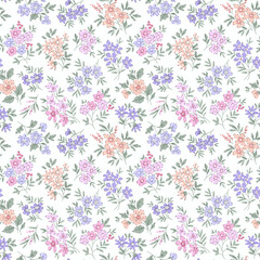Vector seamless pattern. Pretty pattern in small flowers. Small  pastel colors flowers. White background. Ditsy floral background. Delicate template for  fashion textile prints. Stock vector.