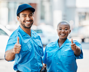 Security guard, safety officer and team thumbs up on street for protection, trust or support. Law...