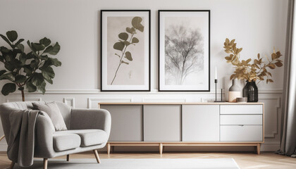 Poster above white cabinet with plant next to grey sofa in simple living room interior., Generative ai