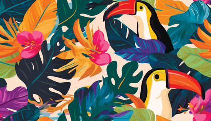 Modern exotic jungle pattern with toucan bird. Collage contemporary seamless pattern. Hand drawn cartoon style pattern. - obrazy, fototapety, plakaty