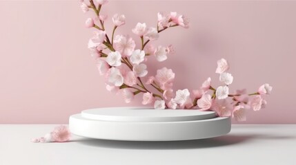 Obraz na płótnie Canvas Illustration of a white podium with flowers on pink background