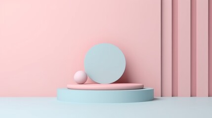 A round object on a pedestal in front of a pink wall