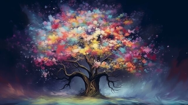 Illustration of a vibrant and colorful tree with leaves in an artistic painting