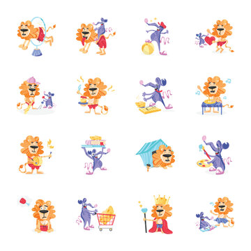 Trendy Set of Animals Playing Flat Stickers 

