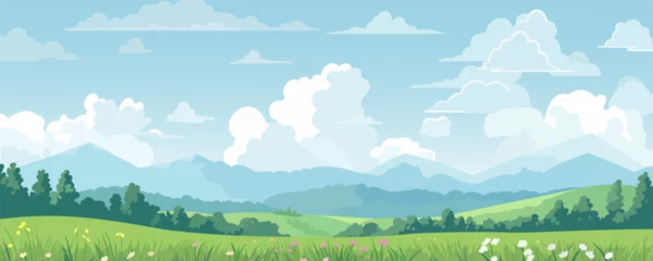 Poster Im Rahmen Beautiful landscape. Wonderful landscape of green fields and meadows against the backdrop of mountains. Vector illustration © LoveSan