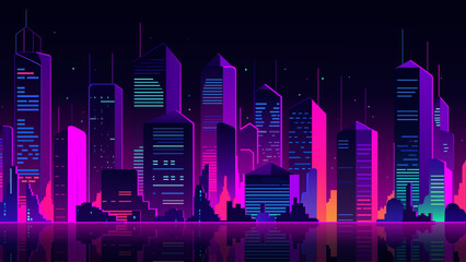 City night landscape. Urban spanking on the background of the city. Futuristic night city. City night landscape with bright and glowing neon purple and blue lights. Vector illustration.