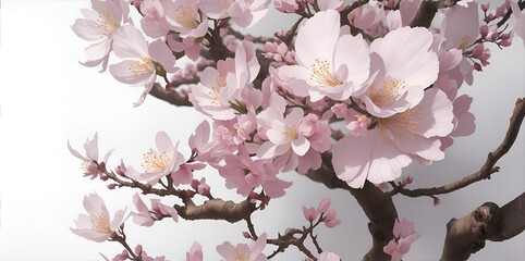 Branch of flowers on a light background, space for text.