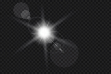 Lens flare and sunlight transparent effect. Vector sun flash with rays, flares and spotlight on black background. Opacity sun vector image.