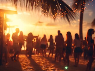 Blurred background of many people had fun at a beach party. Generative AI - obrazy, fototapety, plakaty