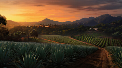 Agave tequilana, Sunset landscape of a tequila plantation.
