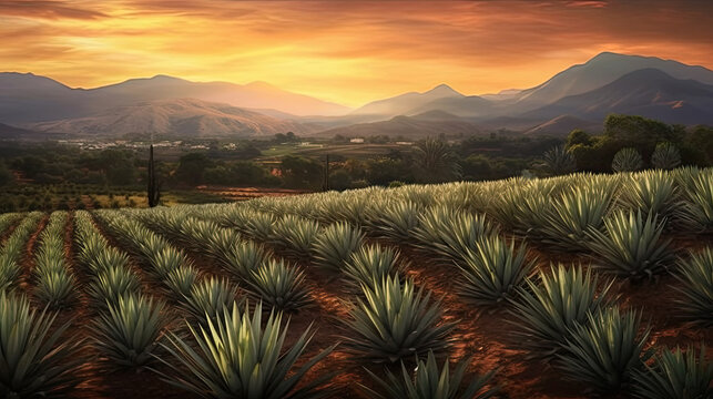 Agave tequilana, Sunset landscape of a tequila plantation.
