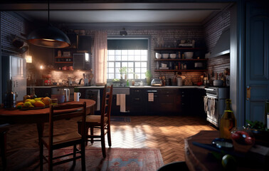 Cozy kitchen rustic interior created with Generative AI technology