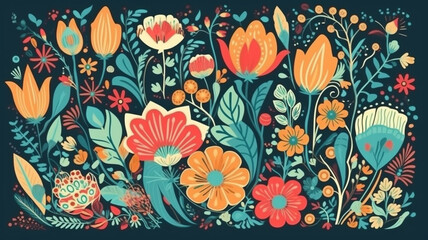 Floral background with flowers and leaves. Seamless pattern with flowers. 
