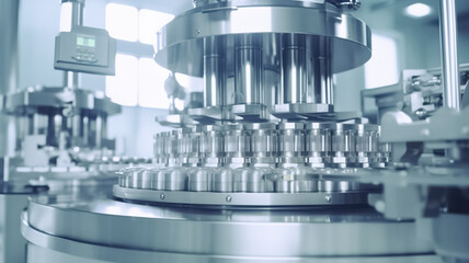 Pharmaceutical manufacturing machine. Automated industrial equipment at pharmaceutical factory. Pharmacy industry equipment.
