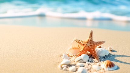 Fototapeta na wymiar Shells and star on sand beach near wavy turquoise sea water. Beach vacation concept background.