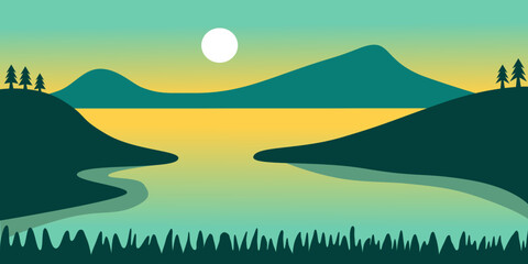 Flat mountain vector illustration. Landscape illustration design template with picture of beautiful mountains and trees.