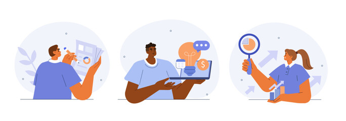 Digital business concept illustration. Collections of men and women characters working together on project, analyzing report, graphs, charts and other business data. Vector illustrations set.
