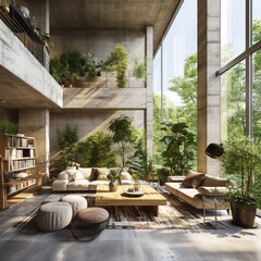 Stylish minimalist living room interior with green plants. Modernist huge concrete interior. concrete walls and huge window green plants. A modern and well-designed interior. Generative AI - obrazy, fototapety, plakaty