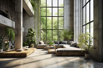Stylish minimalist living room interior. Modernist huge concrete interior. Dark concrete walls and huge window with green plants in the background. A modern and well-designed interior. Generative AI