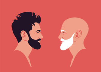 Faces of two smiling men with beards in profile. Side view. Aging process. Vector flat illustration 