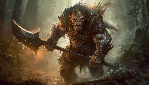 Mean and ugly orc warrior looking angry with his big weapon in a forest. Generative AI illustrations