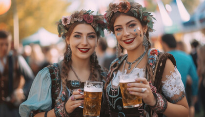 Two bff girls drinking beer and celebrating Oktoberfest in Munich. Generative AI illustrations