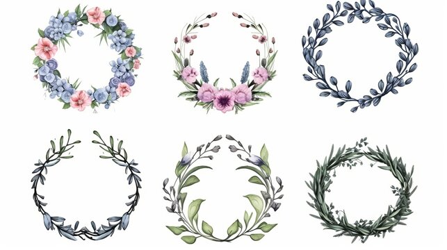 Decorative round floral frames made of watercolor with colorful flowers