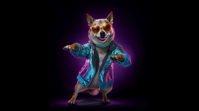 Illustration of a stylish dog wearing sunglasses and a jacket, dancing with joy