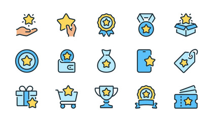 Bonus, reward, loyalty, benefit and prize related pixel perfect color and  outline icons set vector illustration.