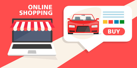 on line shopping online con laptop acquisto  auto e furgone  illustrazioni 