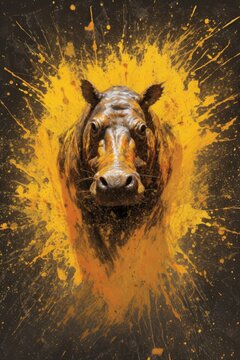 hippo  form and spirit through an abstract lens. dynamic and expressive hippo print by using bold brushstrokes, splatters, and drips of paint.  hippo raw power and untamed energy 
