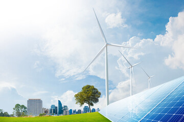 wind turbine farm, Solar panel and smart city in the background. renewable energy. sustainable and...