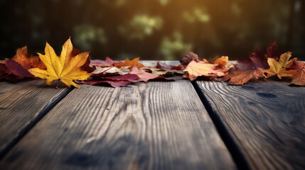 Obraz premium Empty wooden table for product display background, banner and product advertisement with autumn leaves, generative ai