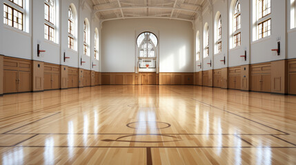Empty european gym class for school sports no people. Sport arena or hall for team games concept