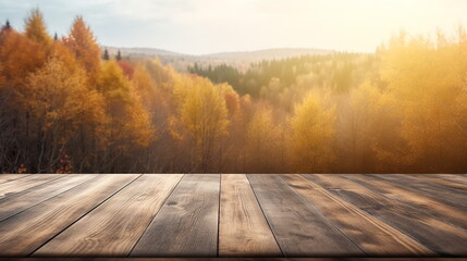 Naklejka na ściany i meble Empty wooden table for product display background, banner and product advertisement with blurred autumn forest behind, generative ai