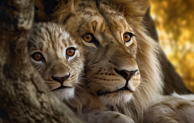 close up portrait of a lion and cub created with Generative AI technology