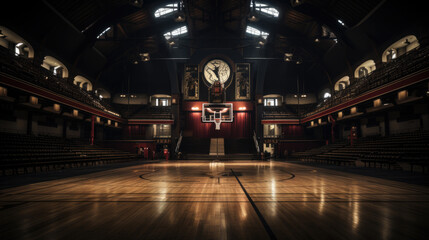 Shining basketball court with wooden floor illustration. Modern indoor stadium illuminated with spotlights cartoon design. Championship or tournament. Sport arena or hall for team games concept