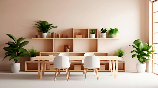 Simple minimalistic modern conference room, with plants and wooden shelves. Generative AI