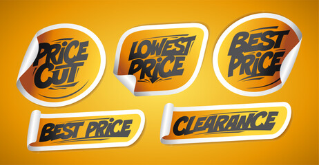 Price cut, lowest price, best price, clearance - vector stickers set
