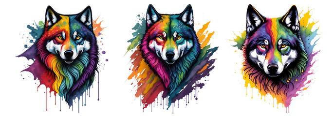 Watercolor Colorful Wolf Collection On A Transparent Or White Background. Mascot Sports Team Logo T-Shirt Design Generative Ai
